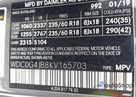 2019 Mercedes-Benz Glc 300 from USA, damaged, VIN WDC0G4JB8KV165703